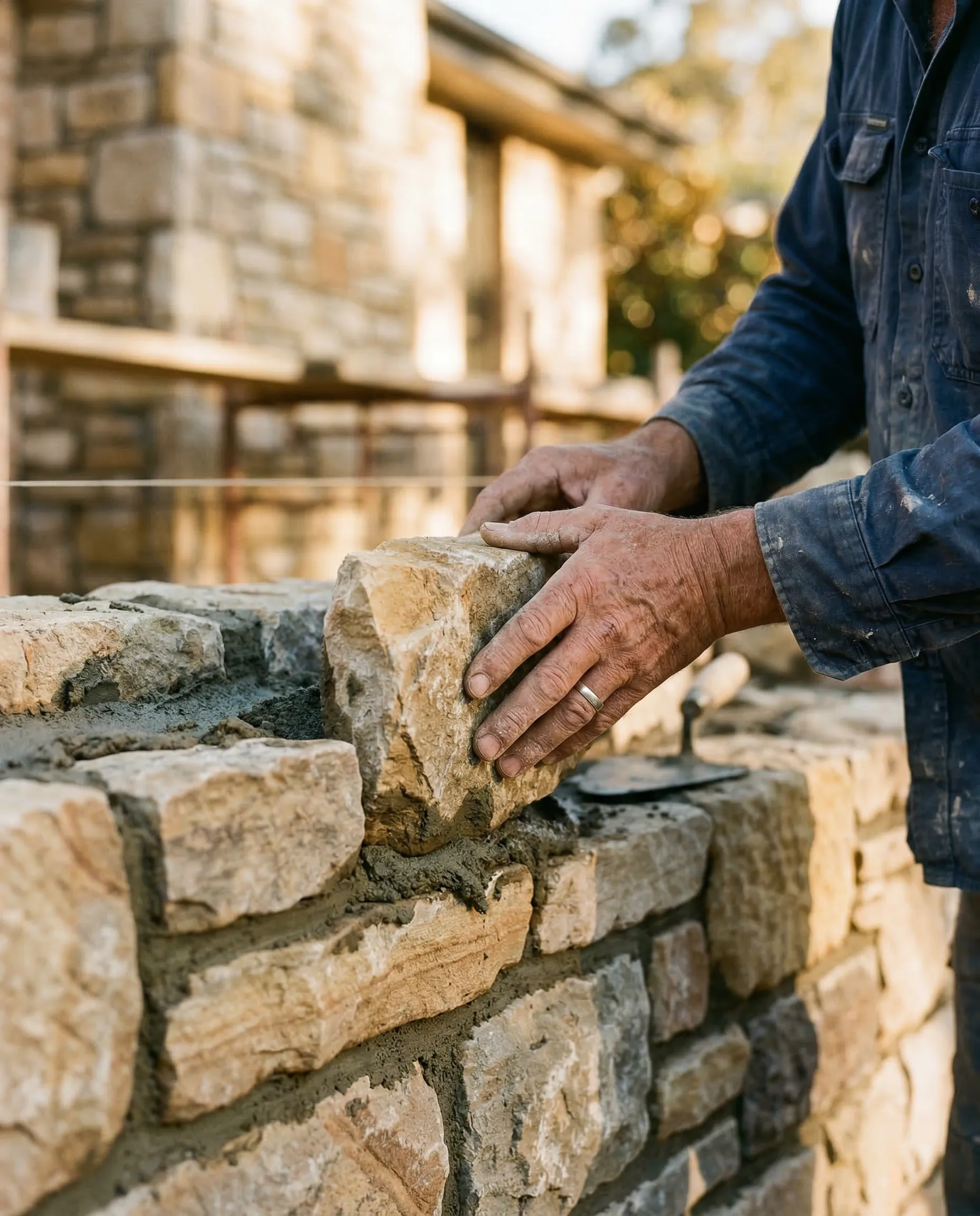 Master stonemason carefully placing natural stone