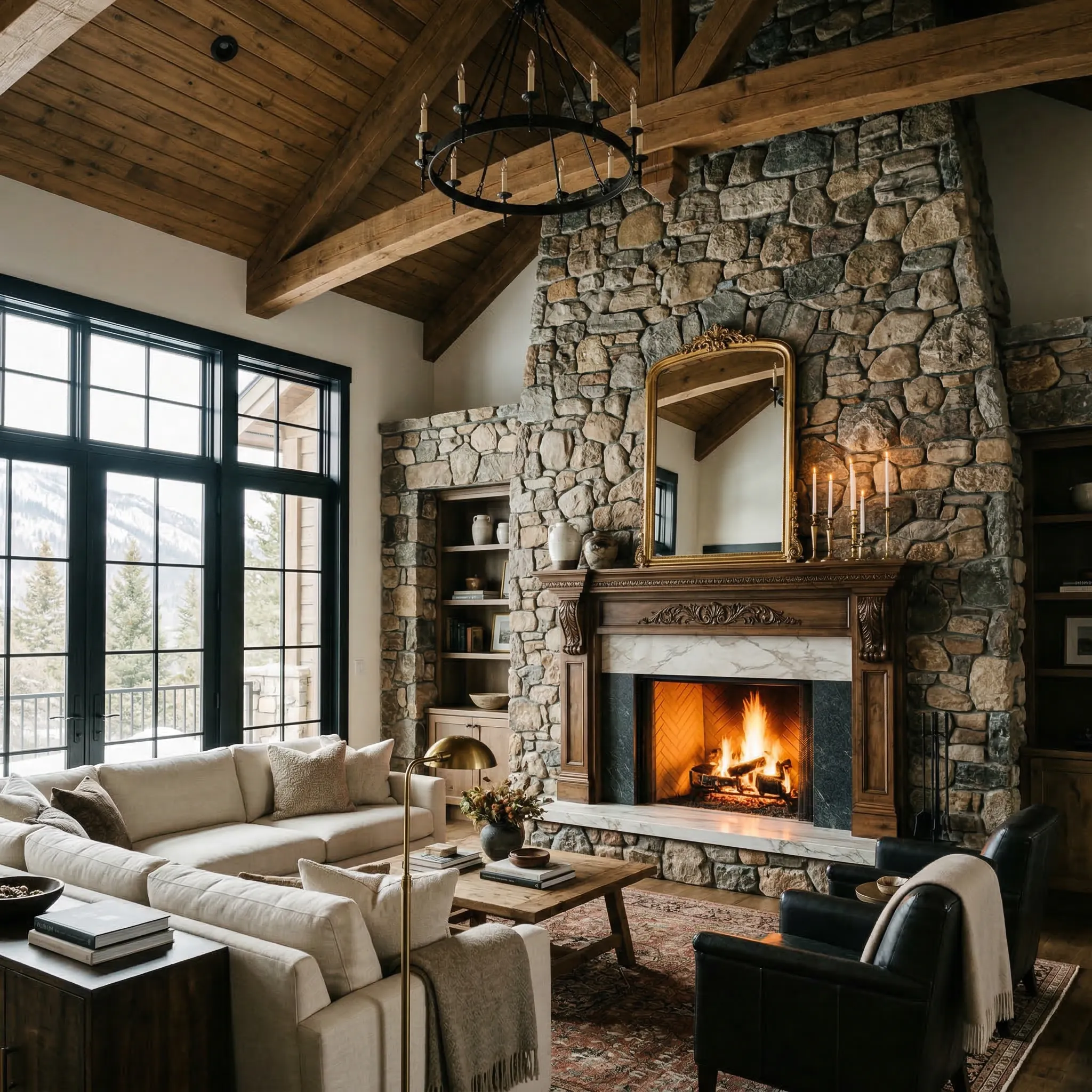 Grand stone fireplace in luxury living room