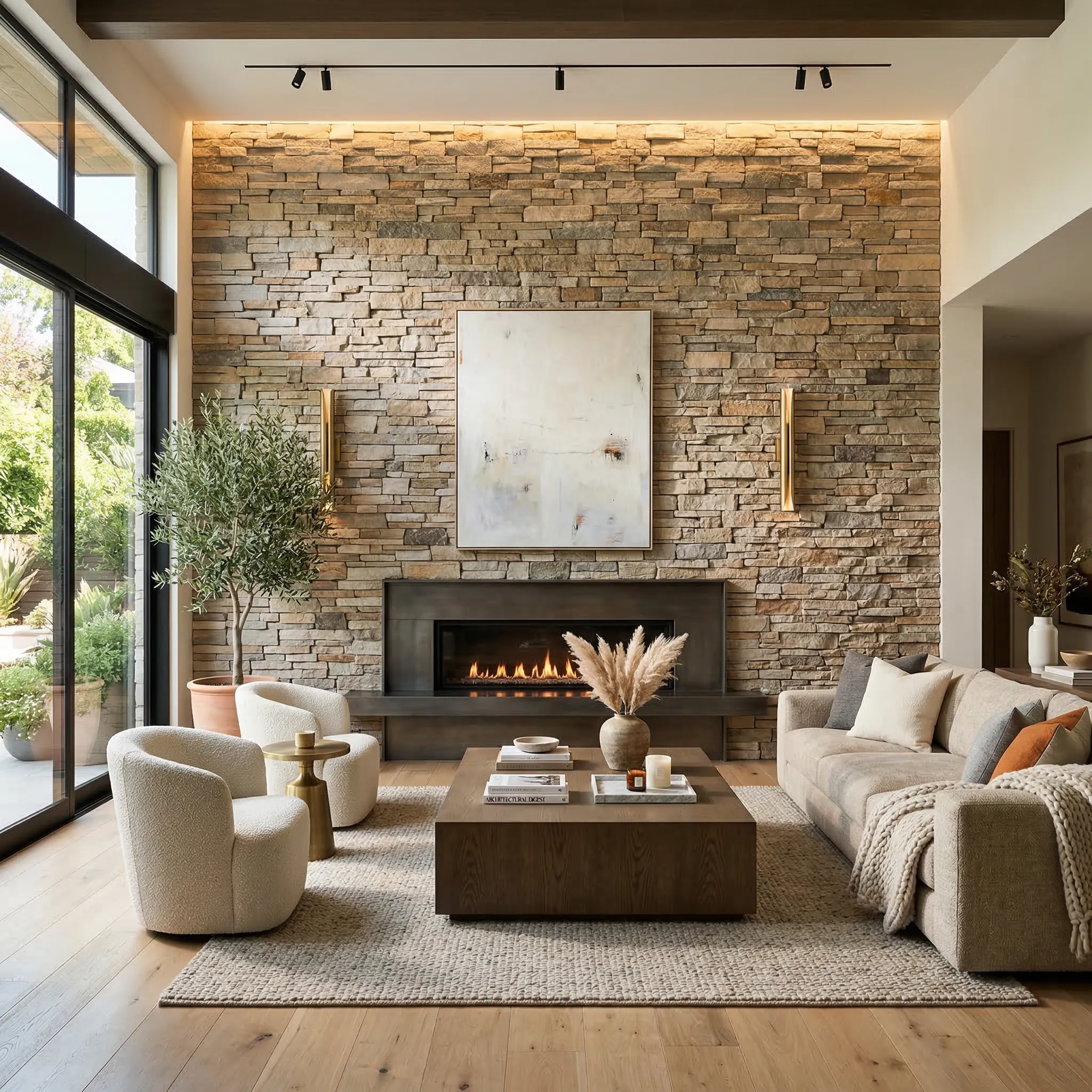 Stacked stone accent wall in modern living room