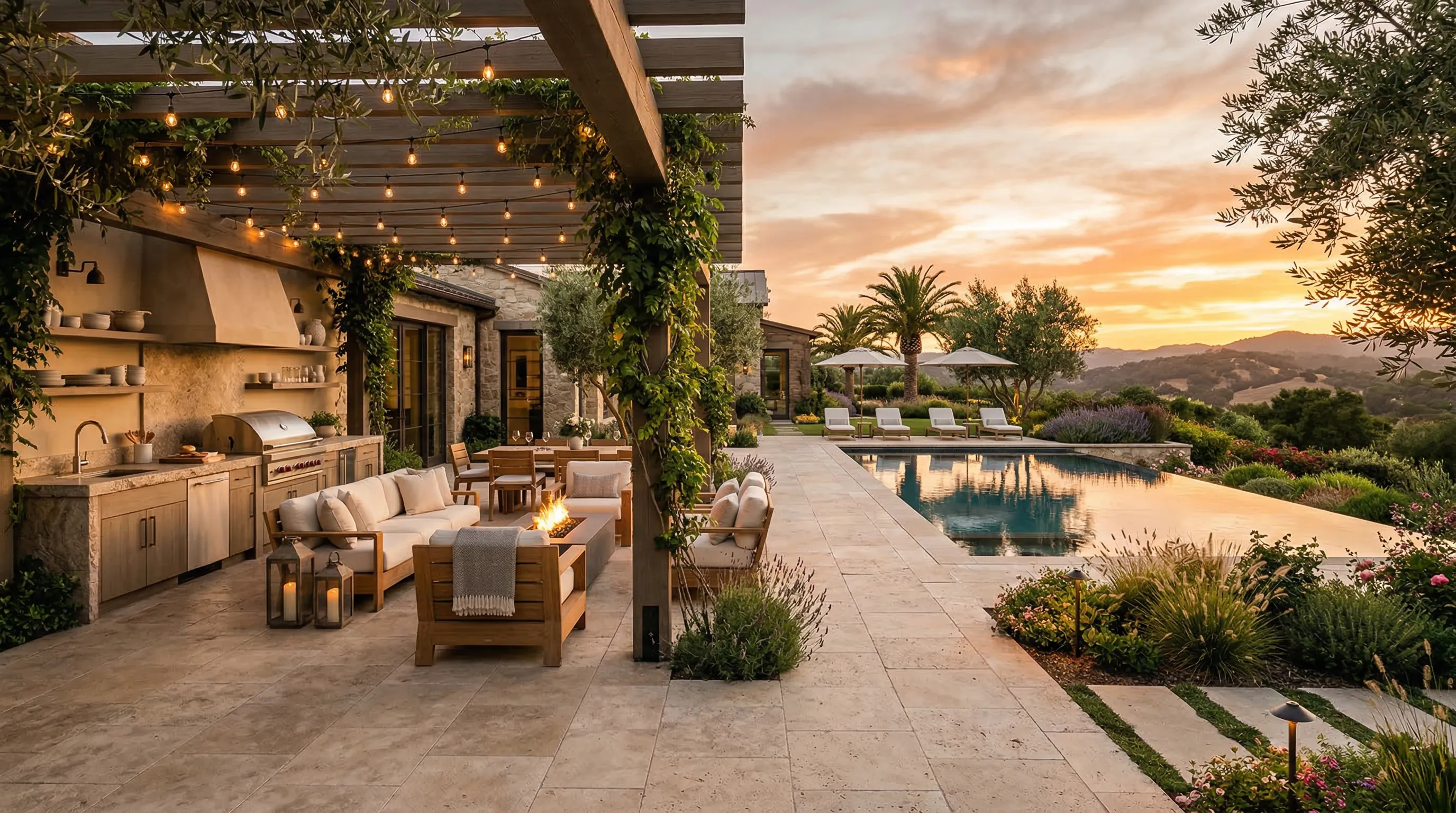 Luxury outdoor living space with travertine patio
